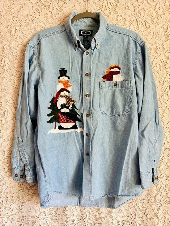 Three Rivers Tops - ☃️Vintage Snowman Christmas Denim Shirt Tree Rivers Button Up Medium Holiday USA